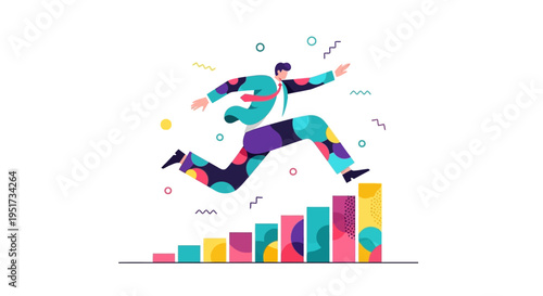 Agile Business Professional Scaling Financial Growth and KPI Milestones in Vibrant Corporate Memphis Style