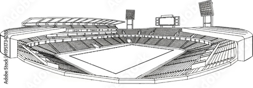 Outline sketch of a large, empty stadium with tiered seating and floodlights