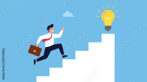Professional man in a white shirt and tie climbing a set of white stairs towards a large glowing lightbulb idea at the very top.