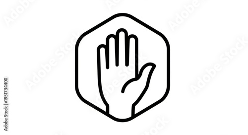 Open Hand Icon Inside Hexagon Shape Simple Line Art.