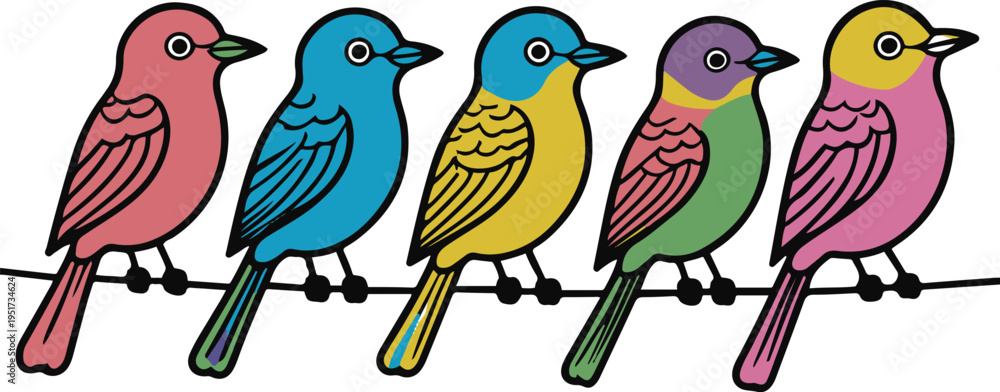 Fototapeta premium Colorful bold line art sticker of a group of small birds sitting in a row on a wire, thick outline, die-cut border, minimal composition, white background 2