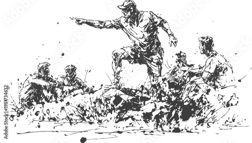 Rugby players tackling and running with the ball, intense team sport action dynamic black ink drawing