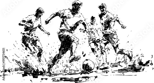 Dynamic soccer players competing for the ball on the field, energetic football match action scene