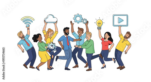 Dynamic diverse team celebrating integrated digital marketing and innovative SaaS technology solutions for agile business growth