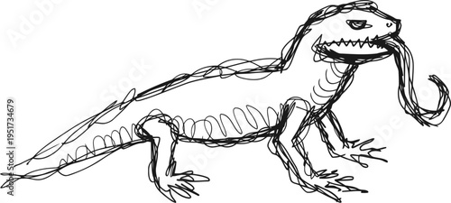 Sketch of a lizard with forked tongue extended, simple black ink line drawing of reptile
