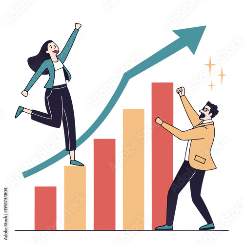 Business people celebrating success with growing graph