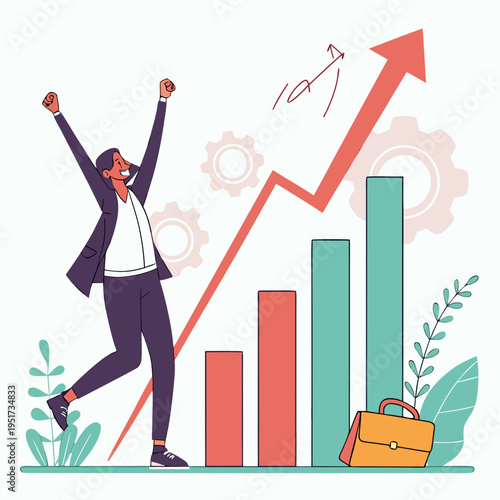 Businessman celebrating success with growing graph