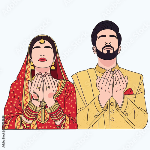 Muslim bride and groom praying together during traditional wedding ceremony wearing gold and red bridal attire