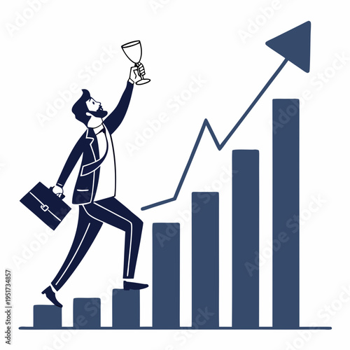 Businessman holding trophy with blue graph and arrow
