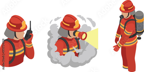 Isometric firefighter emergency response set, fireman with radio, flashlight in smoke, protective suit and breathing equipment rescue illustration