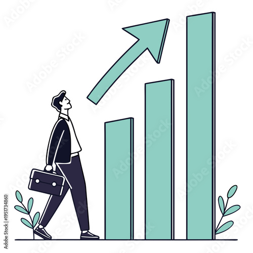 Businessman looking at growing bar chart with upward arrow