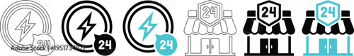 24 Hours Fast Delivery and Shop Service Vector Icons Set with Lightning Bolt and Storefront