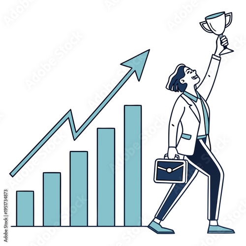 Businesswoman holding trophy and briefcase with blue graph