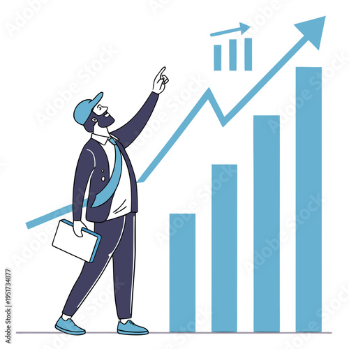 Man in a suit pointing at a growing graph growth