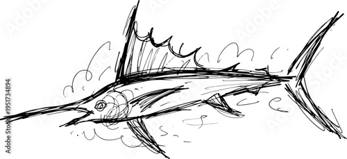 Swordfish swimming in ocean, hand drawn sketch of large predatory marine fish with distinctive long bill and fins