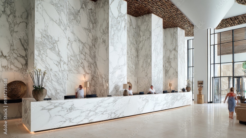 Obraz premium Luxury Hotel Lobby with Marble Reception Desk and Elegant Design Elements Creating a Welcoming Atmosphere