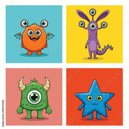 Friendly cartoon monsters with playful horns and bright backgrounds perfect for nursery decor and fun illustrations