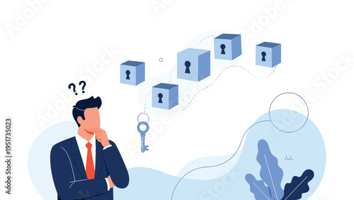 Thoughtful businessman looking at a series of floating blue blocks with keyholes and a key, representing strategic problem solving.