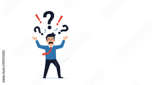 Terrified businessman looking up in shock at a cloud of exclamation and question marks representing a sudden work crisis or panic.