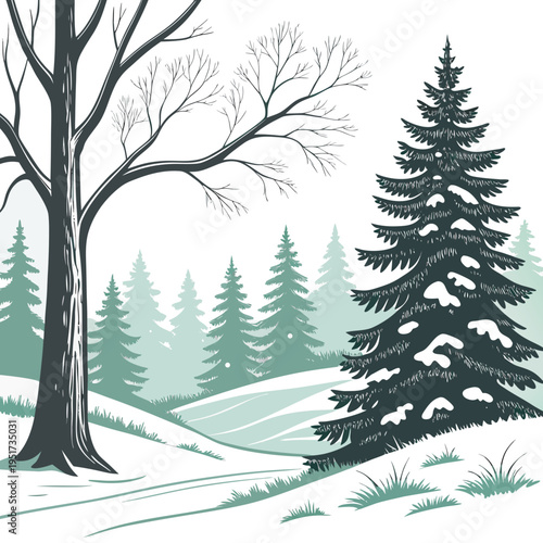 Large tree and pine trees in snowy landscape nature