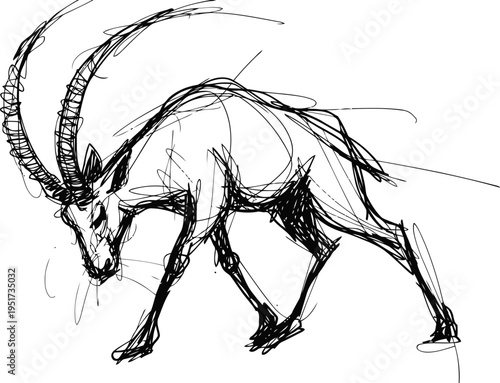 Abstract ink sketch of a mountain goat with curved horns in dynamic walking pose