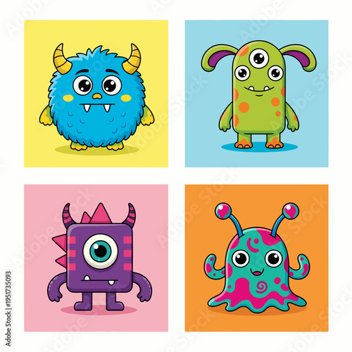 Happy monster squad posing in simple geometric colorful frames