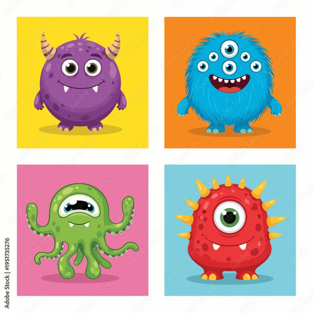 Fototapeta premium Funny monster faces with expressive eyes and playful emotions