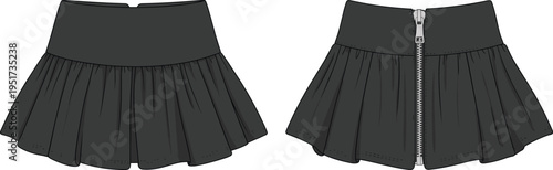 Black mini skirt technical fashion illustration front and back views, pleated design with zipper closure, stylish apparel template, minimalist clothing mockup isolated on white