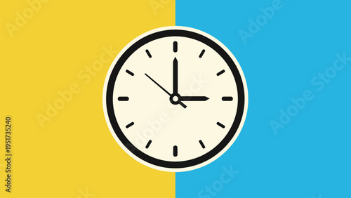 Minimalist analog clock face showing three o'clock on a background split into yellow and blue colors for time management concepts.