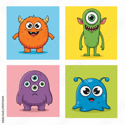 Cute monster friends ready for fun party and playful adventure