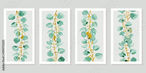 Four botanical prints featuring trailing eucalyptus branches in muted tones