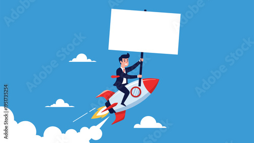 Determined businessman riding a fast moving rocket through the blue sky while holding up a large blank white advertising banner.
