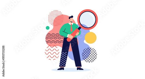 Strategic Business Analyst Performing Deep Dive Market Research and Due Diligence with Magnifying Glass in Modern Memphis Style