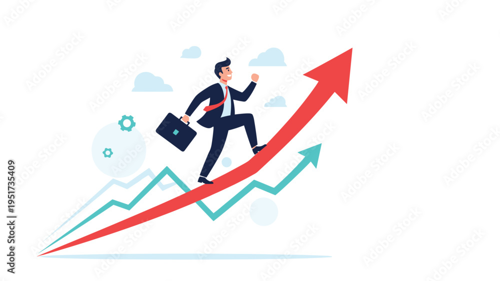 Fototapeta premium Confident businessman running along a red rising arrow above multiple green line graphs, representing market growth and victory.