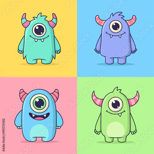 Cute creatures with horns spots and big friendly cartoon eyes