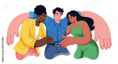 Inclusive corporate culture concept showing a multi-ethnic professional team protected by supportive leadership and workplace safety initiatives