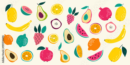 A vibrant collection of stylized colorful fruits and leaves on a pale background