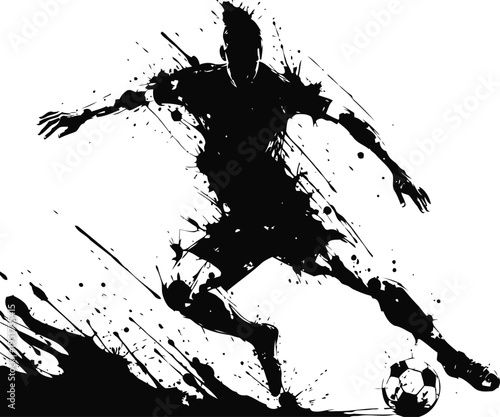 Dynamic soccer player silhouette kicking ball with abstract ink splatter motion effect