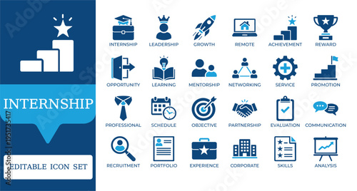 Internship and Career Development Icons. Featuring mentorship, professional growth, recruitment, and workplace skill symbols. Editable vector set for HR apps and student reports