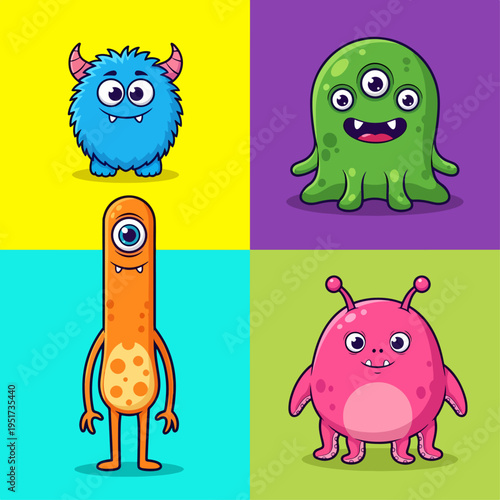 Adorable cartoon monsters showing different moods in bright compositions