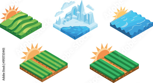 Isometric landscape icons collection, farmland fields, ocean waves, icy mountains, sunrise terrain, nature environment game assets illustration set
