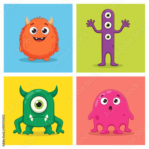 Playful monster friends smiling in fun and vibrant square frames