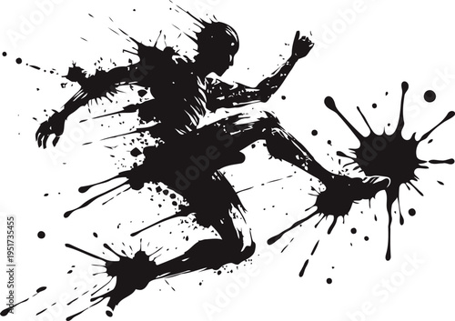 Dynamic soccer player silhouette kicking ball with ink splatter artistic effect