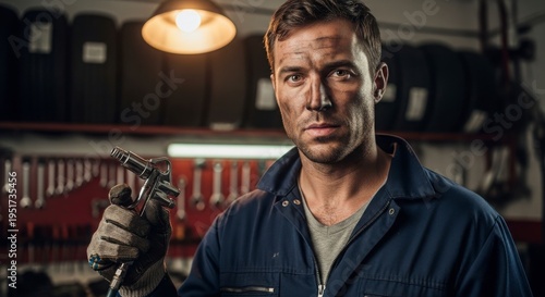 mechanic holding tool in garage workshop