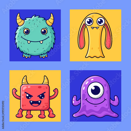 Cartoon monster friends showing emotions from happy to grumpy moods