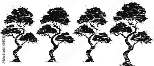 silhouettes of four stylized bonsai trees with intricate twisted trunks and dense foliage