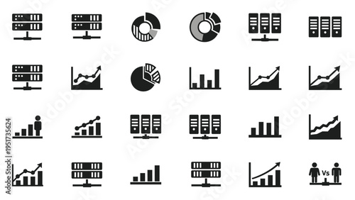 Collection of black and white flat icons for server data, storage, growth charts, and business analytics for modern web design.