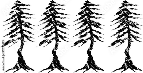 four stylized pine trees with detailed branches and roots in black silhouette design