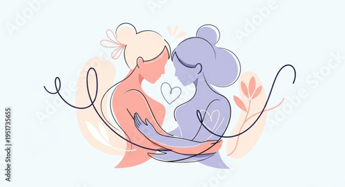 Two women embracing in a tender moment illustration.
