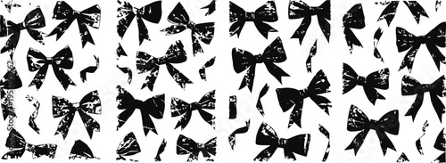 Black grunge bow silhouettes pattern rough textured ribbons background with varied bows for decoration and design